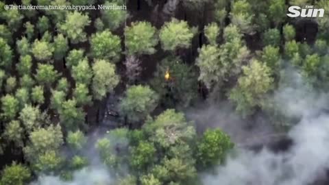 Ukrainian soldiers destroy three Russian tanks and ammo dump hidden in forest