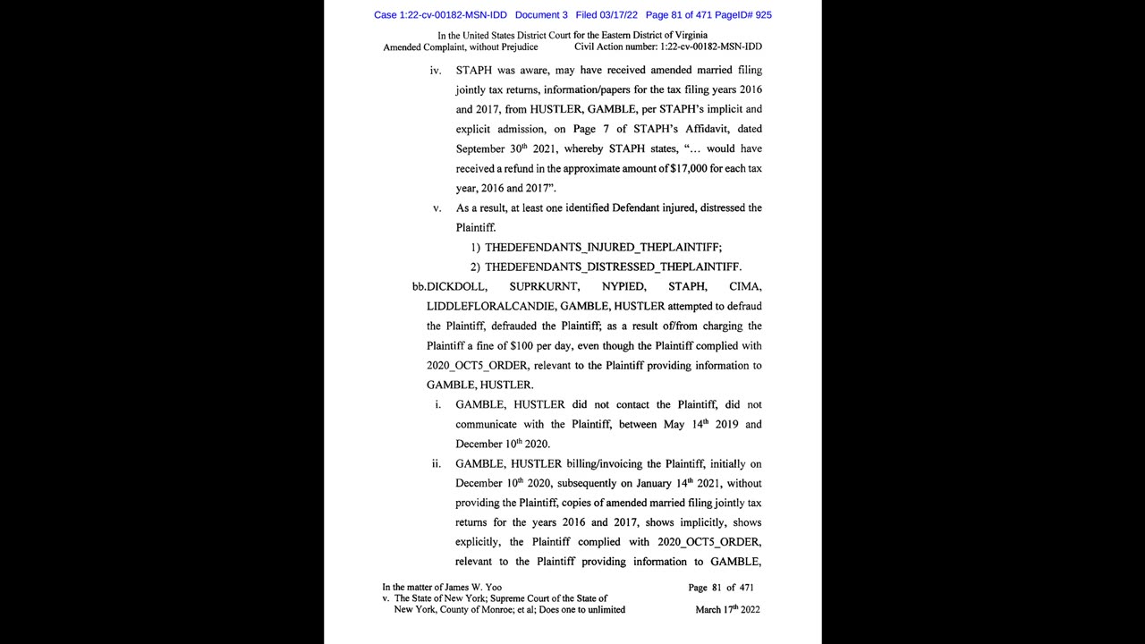 2022 JYoo v NY et al. Amended; USD Ct. EDVA failed to file Judgement; Defendants failed to JOIN