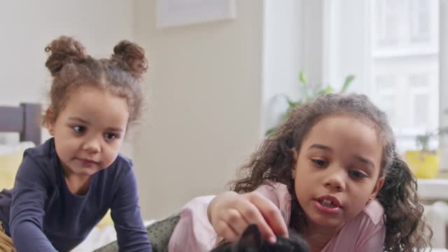 Kids Petting their Cat On the bed