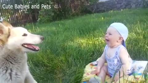 Cute Babies Playing with Pet Dog.