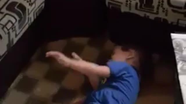 Boy plays with white dog