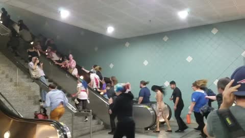 Windy zombie blue subway station stairs escalator