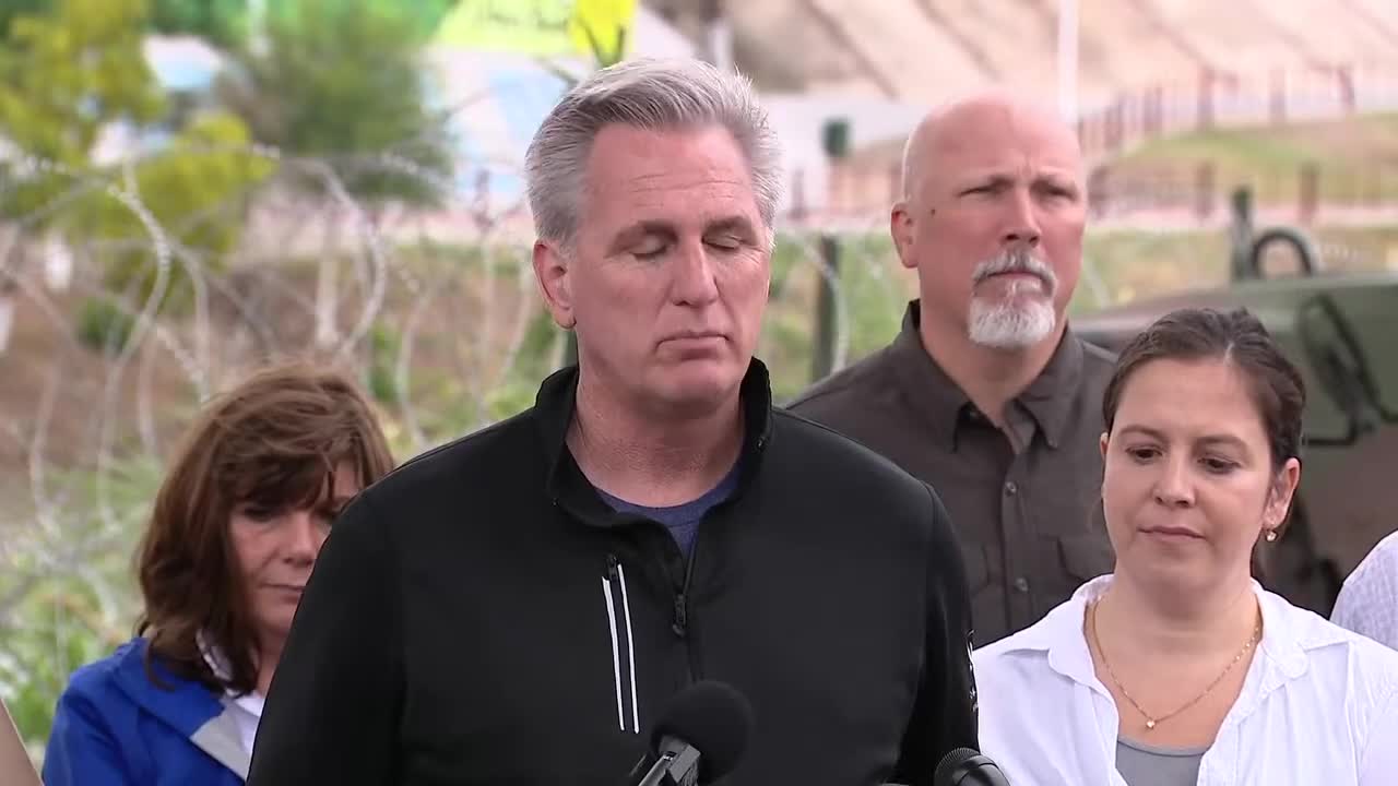 Kevin McCarthy and House Republicans hold a briefing during their visit to the border