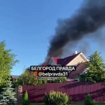 Houses on fire after the Ukrainian shelling of Belgorod in Russia