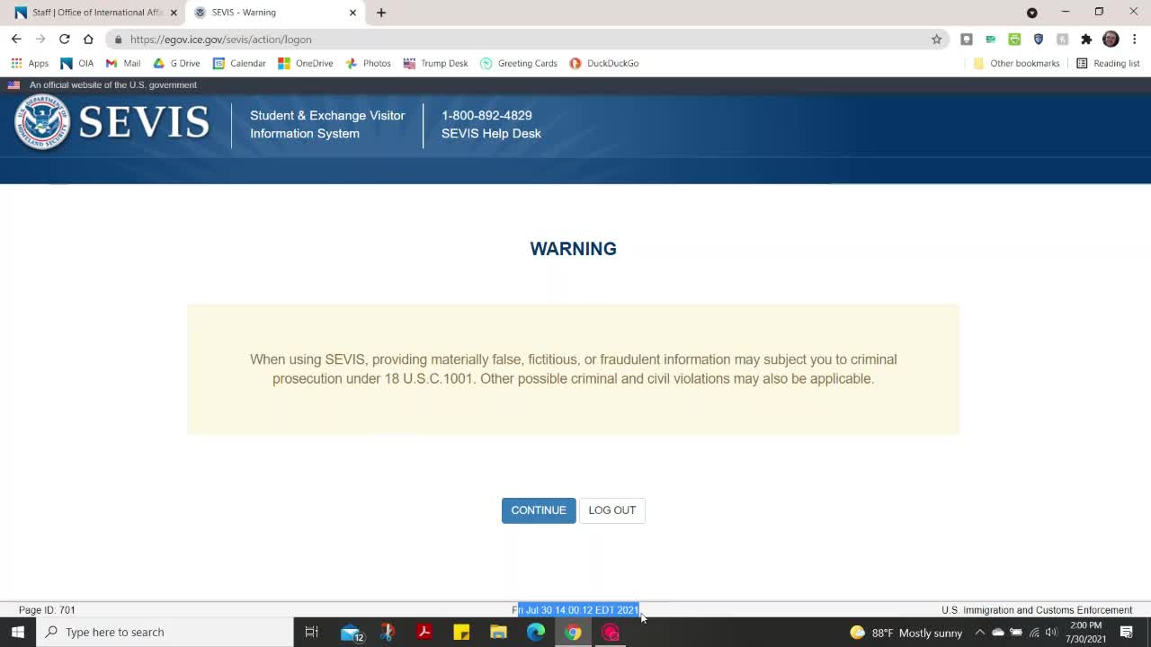 SEVIS Still Active July 30, 2021