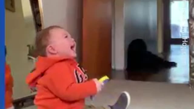 Baby laughs at mom exercising