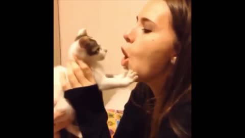 The cat bit the owner on the lip 😱