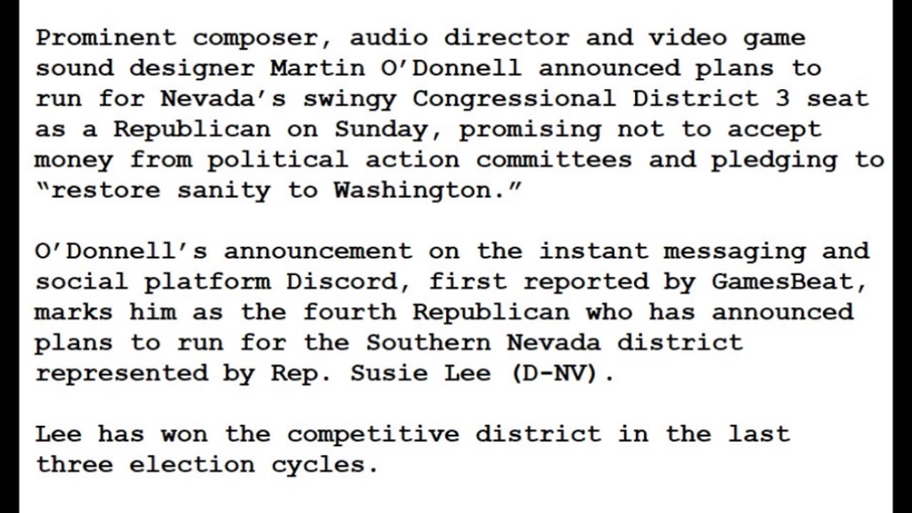 24-0304 - Halo and Destiny Game Composer O'Donnell to Run for Nevada Congressional Seat