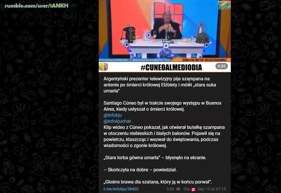 Argentyński prezenter telewizyjny pije szampana na antenie po śmierci królowej Elżbiety i mówi...