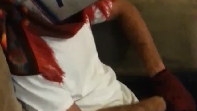 Beer box helmet couch guy