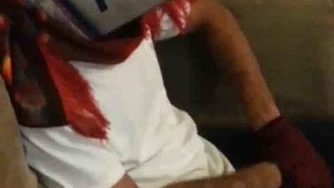 Beer box helmet couch guy