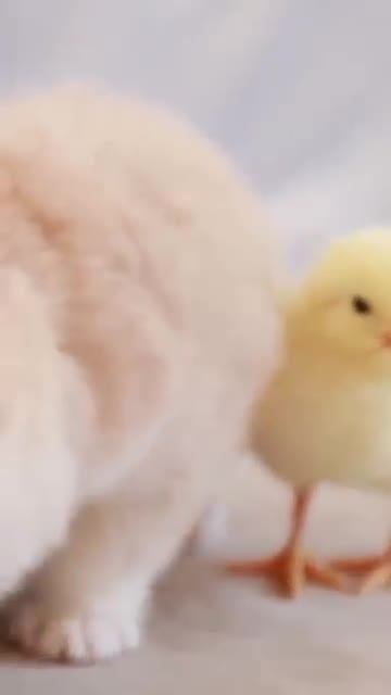 Anak ayam bermain anak kucing