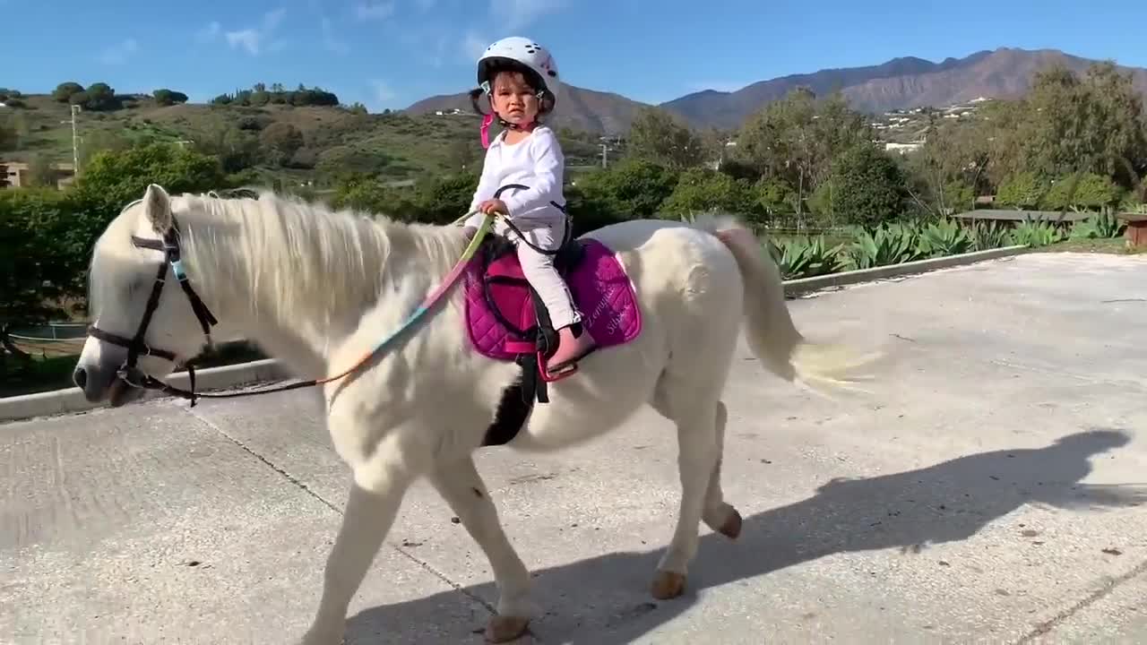 Cute toddler riding her pony.