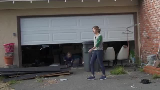 Falling ladder nearly hits toddler. NEAR MISS