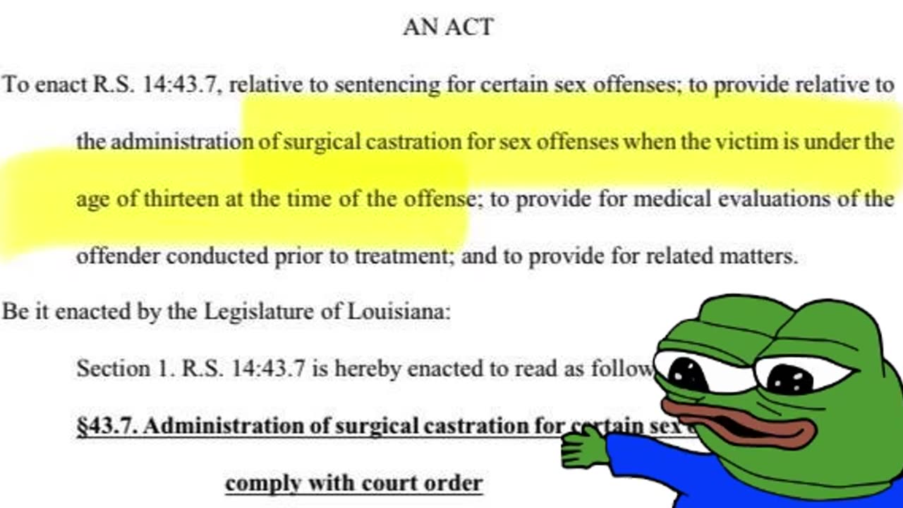 News Flash - Louisiana Passes Bill Ordering Surgical Castration of Convicted Pedophiles