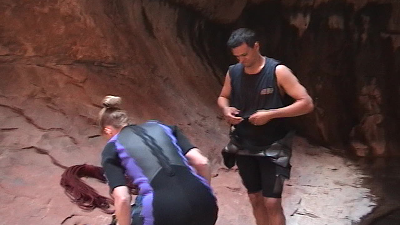 Brian and Brittany canyoneering in Zion National Park's Pine Creek Canyon