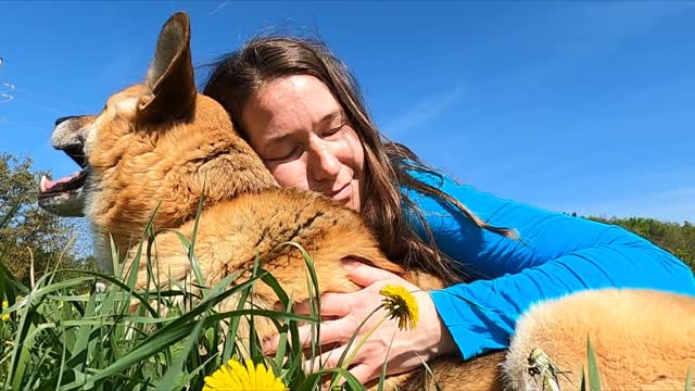 Woman hugging a funny lovely dog