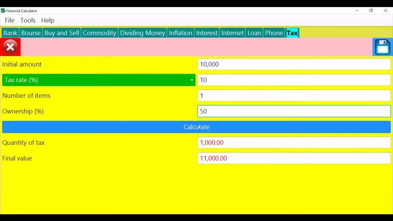 Financial Calculator 6 - Tax section