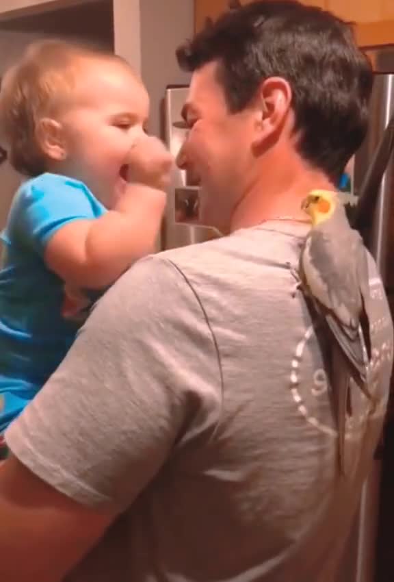 The parrot plays with the baby.