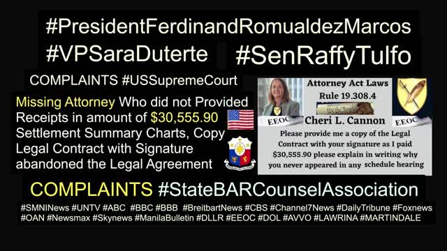 One News Page / Missing Attorney Cheri L. Cannon Esq Partner Tully Rinckey PLLC / Abandoned Client Abandoned Legal Agreement Must Refund $30,555.90 / State BAR Counsel Association / DCBAR / SMNI News / Sen. Raffy Tulfo / PBBM / VPDuterte