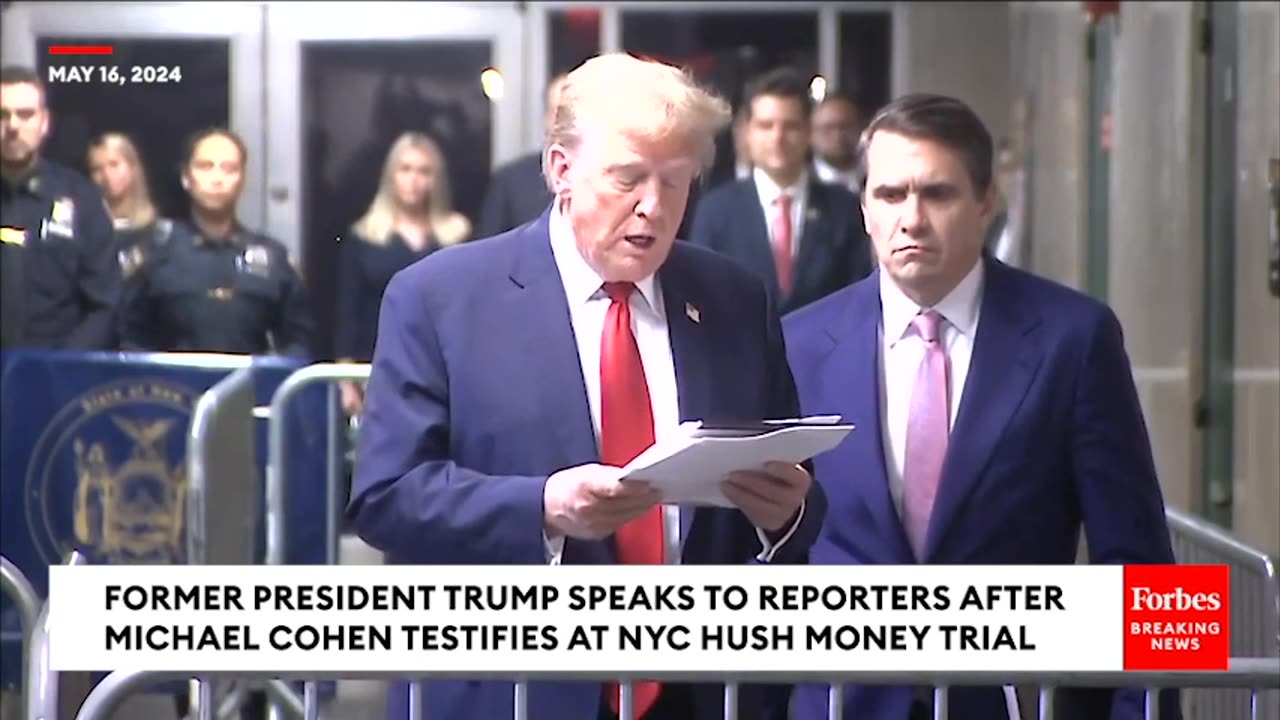 President Trump speaks to reporters after a hearing in his NYC hush money trial.