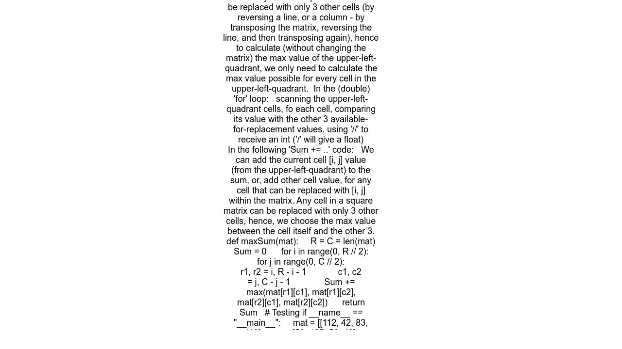 Largest sum of upper-left quadrant of matrix that can be formed by reversing rows and columns