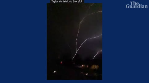 Upward lightning electrifies Kansas night sky