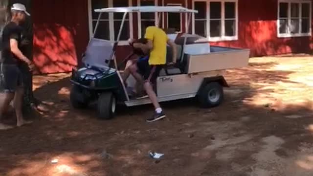 Teen boys drive and crash golf cart into side of a building