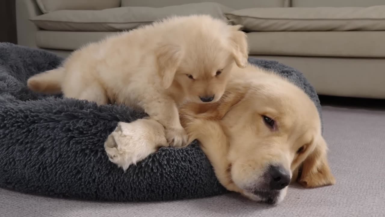 Golden Retriever Puppy Steals Dad's Bed