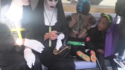 Two scary nun costumes train scared little kid dinosaur