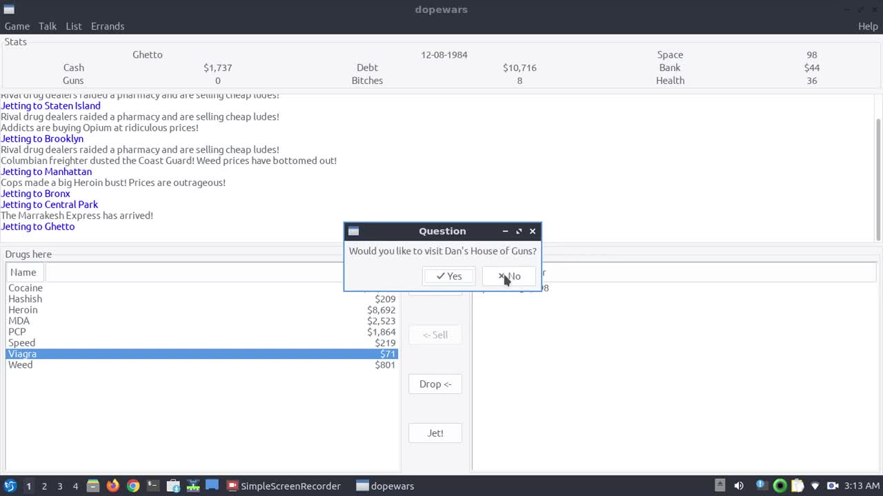 Let's Play Dopewars -- The Free Open Source Drug Dealing Game for Linux