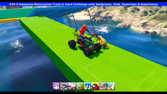 GTA V Awesome Motorcycles Track in Hard Challenge with Spiderman, Hulk, Superman & Superheros