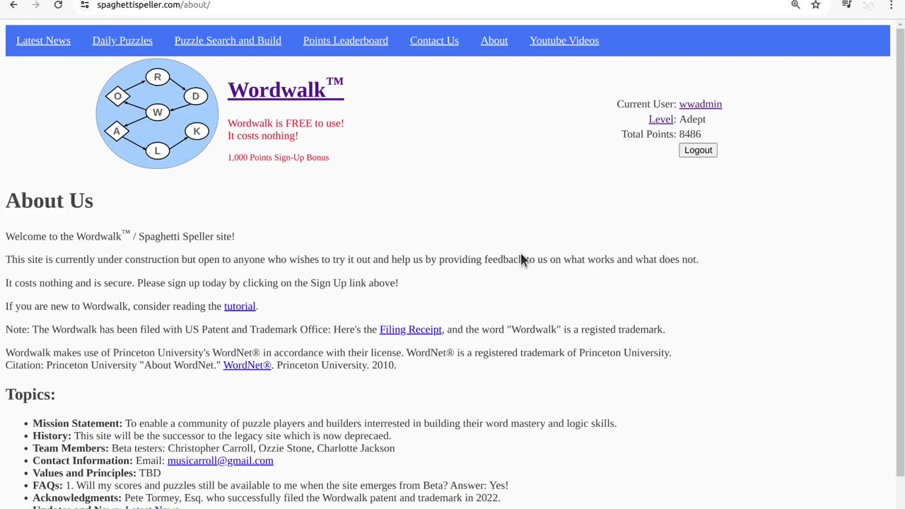 Wordwalk / Spaghettispeller Website Overview