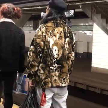 Jacket with a punch of puppies and dogs on it subway platform
