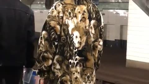 Jacket with a punch of puppies and dogs on it subway platform