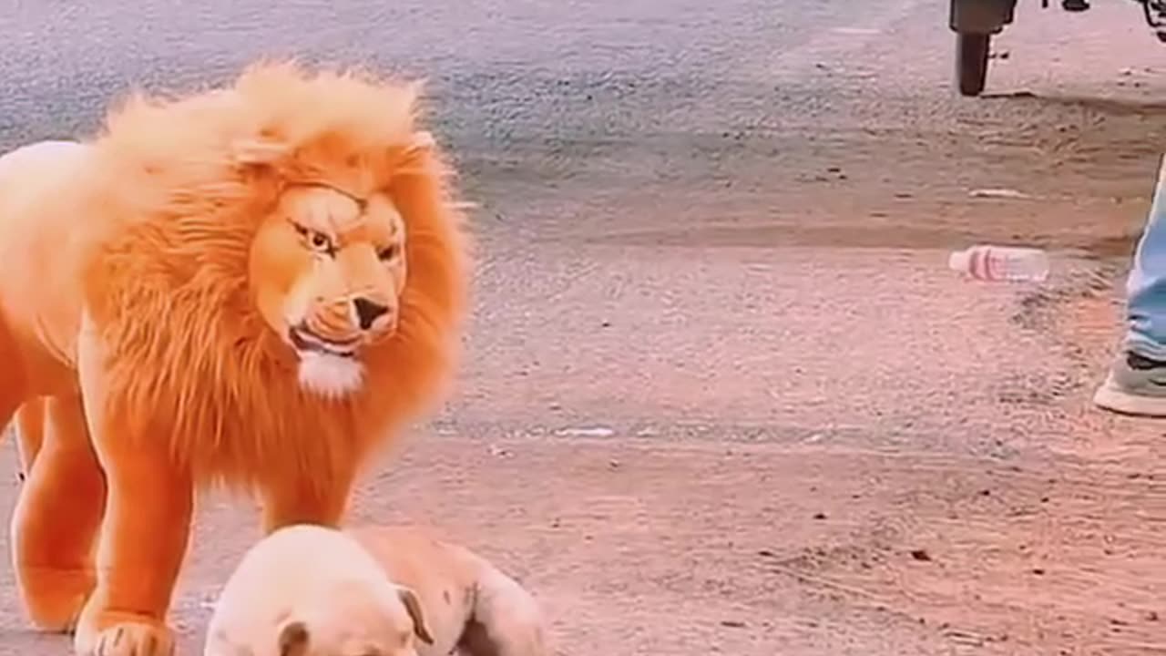 "Roaring Laughter: Hilarious Lion Prank on Man's Best Friend!"