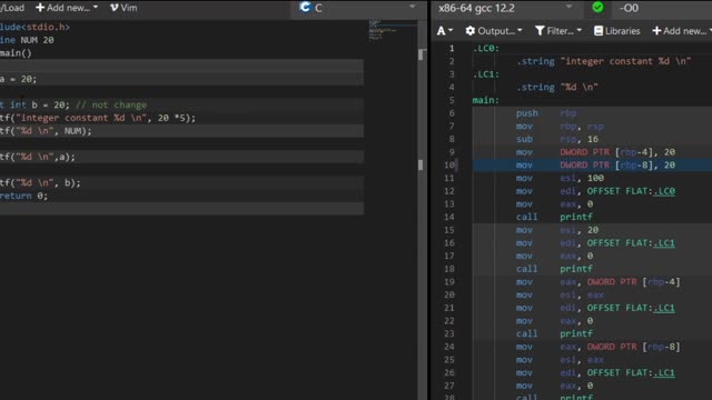 const and constant literals in c/c++