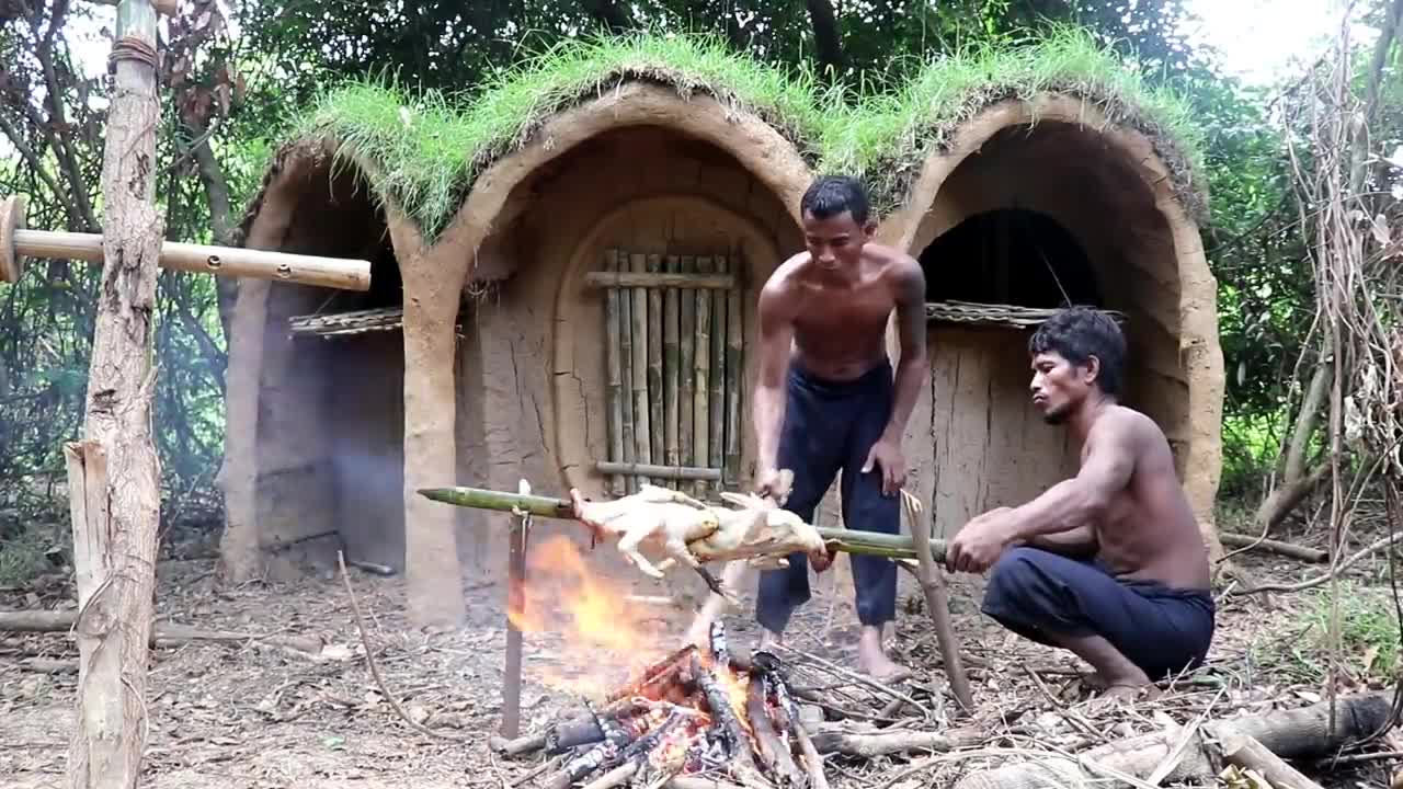 Catch two water duck in river by hand and cook in forest