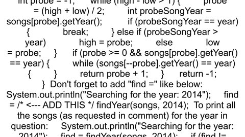 Binary Search for year of songs in array of songs