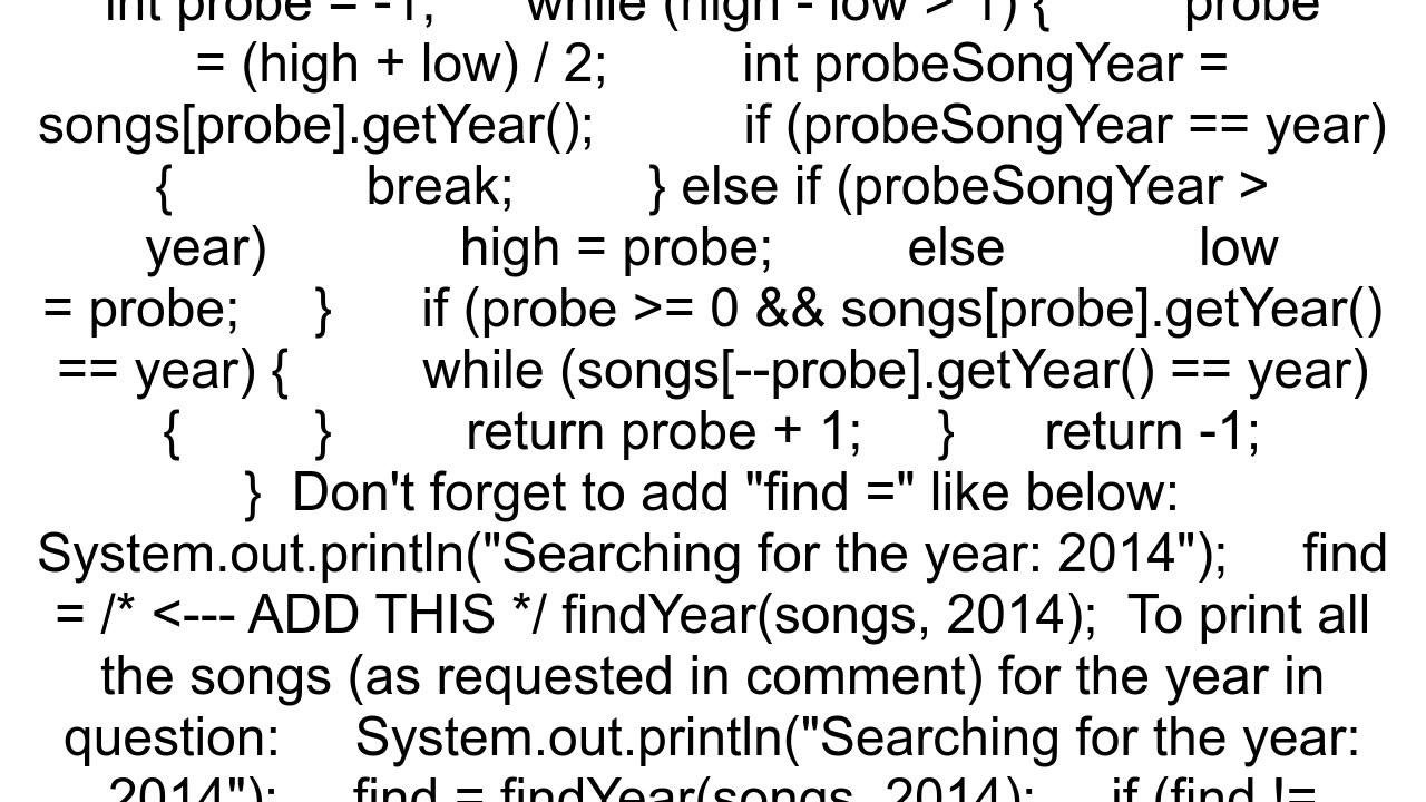 Binary Search for year of songs in array of songs