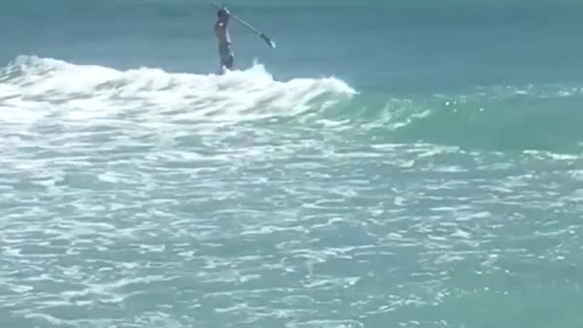 Two paddle boarders ride wive in ocean cove