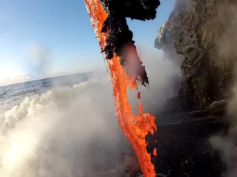 Amazing up close footage of Lava entering the ocean.