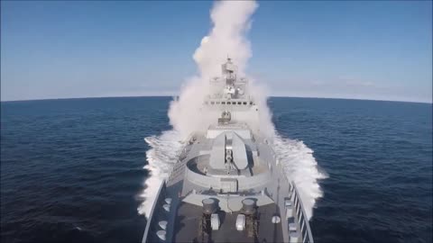 Russian frigate launching 4 cruise missiles against Ukrainian positions.