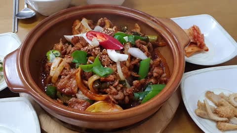 Jeju food. Stir-fried black pork. Jeju pork.