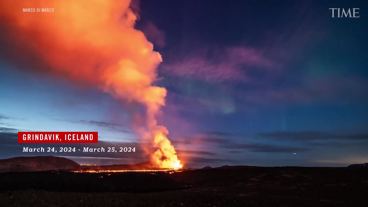 Des aurores boréales brillent sur un volcan en éruption en Islande