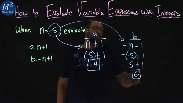 How to Evaluate Variable Expressions with Integers | Part 2 of 4 | When n=-5, evaluate n+1 and -n+1