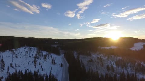 Sunrise Dawn Road Winter Forest Aerial Landscape HQ