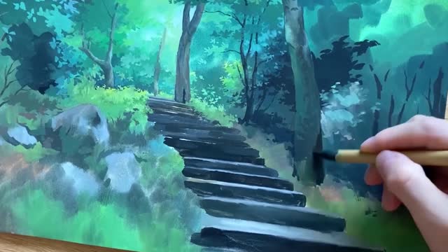 Let's reminisce about summer in another way, learn the painting process of forest with the teacher