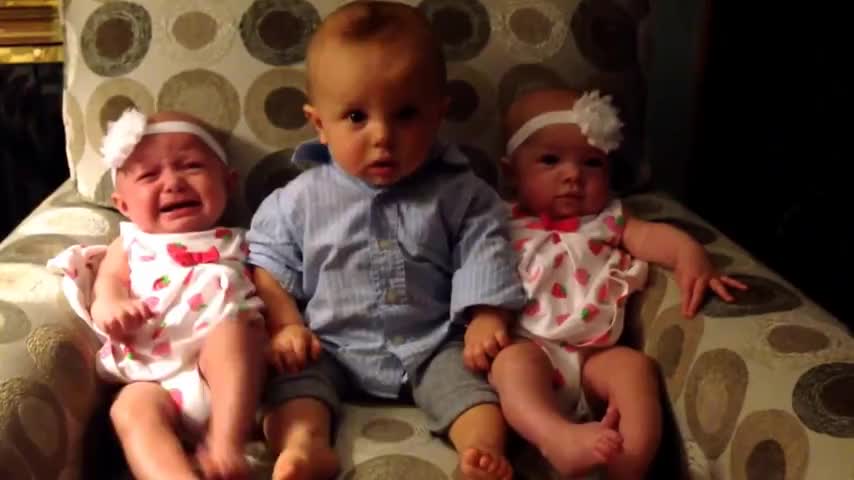 Confused baby boy meets twin baby girls, his reaction will make you laugh out loud