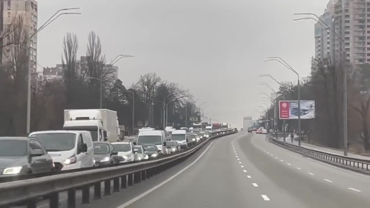 The traffic jam of people leaving Kyiv, Ukraine